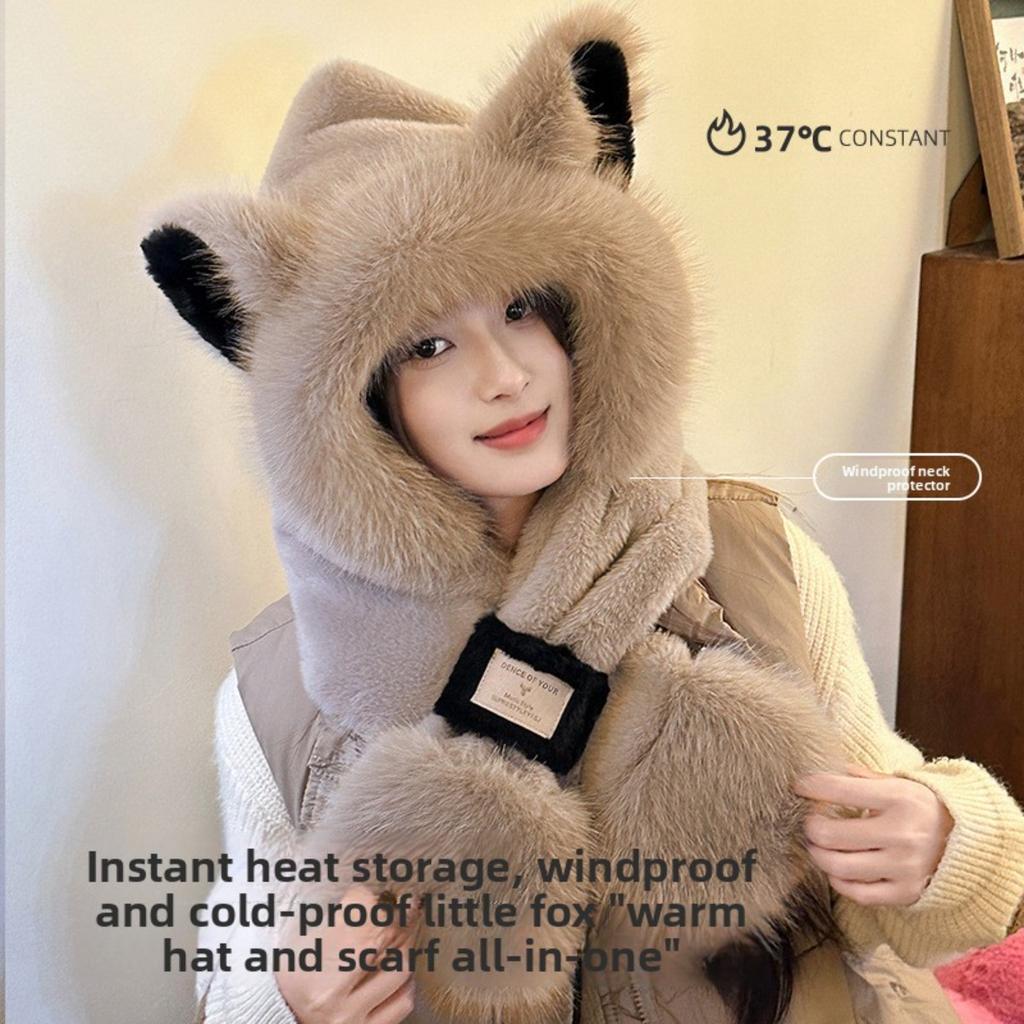 Plush Cute Fox Ear Hat Scarf One-piece Women's Autumn and Winter Hooded Scarf for Cycling and Keeping Warm