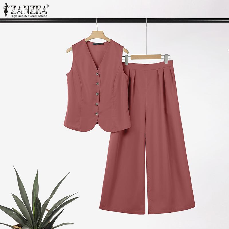 ZANZEA Ärmellose Weste, Oberteile und Hosen für Damen, zweiteiliges Sommer-Set