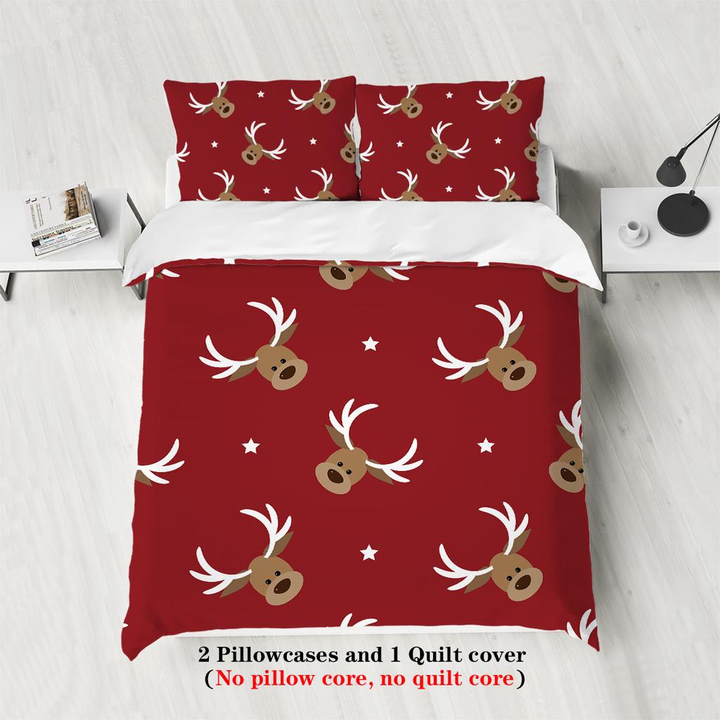 3-piece Christmas themed reindeer pattern print (1 duvet cover+2 pillowcases, no core) soft bedding set