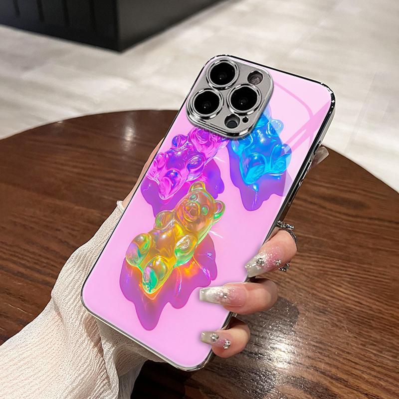 Colorful Gummy Bear Patterned Glass Electroplated Phone Case  for Iphone 16 16Pro 16Promax 16Plus 15 15Plus 15Pro 15Promax