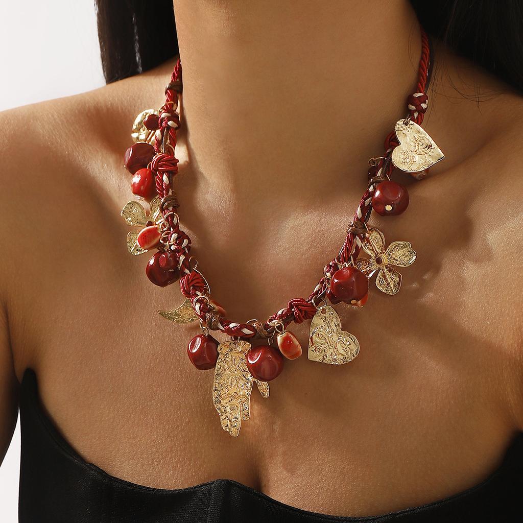 Red Rope Braided Chain Flower Moon Heart Palm Pendant Necklace Bohemia Jewelry Accessory