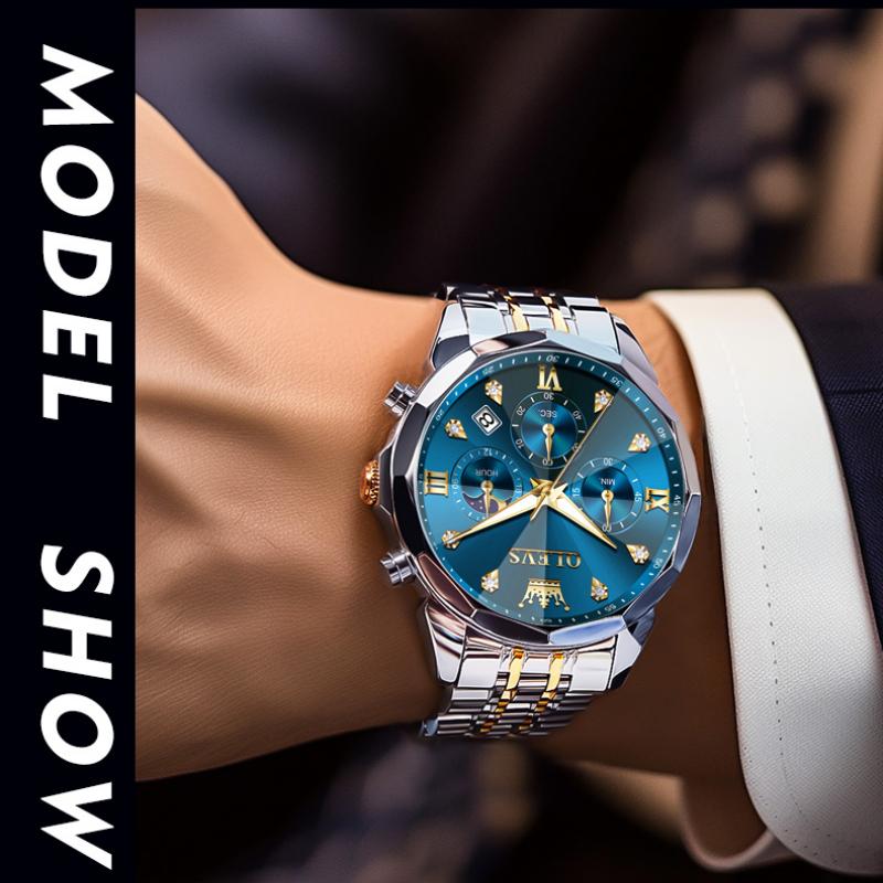 OLEVS Men Watch Fashionable Original Moon Phase Quartz Watch Waterproof Luminous Automatic Date Stainless Watch Gifts