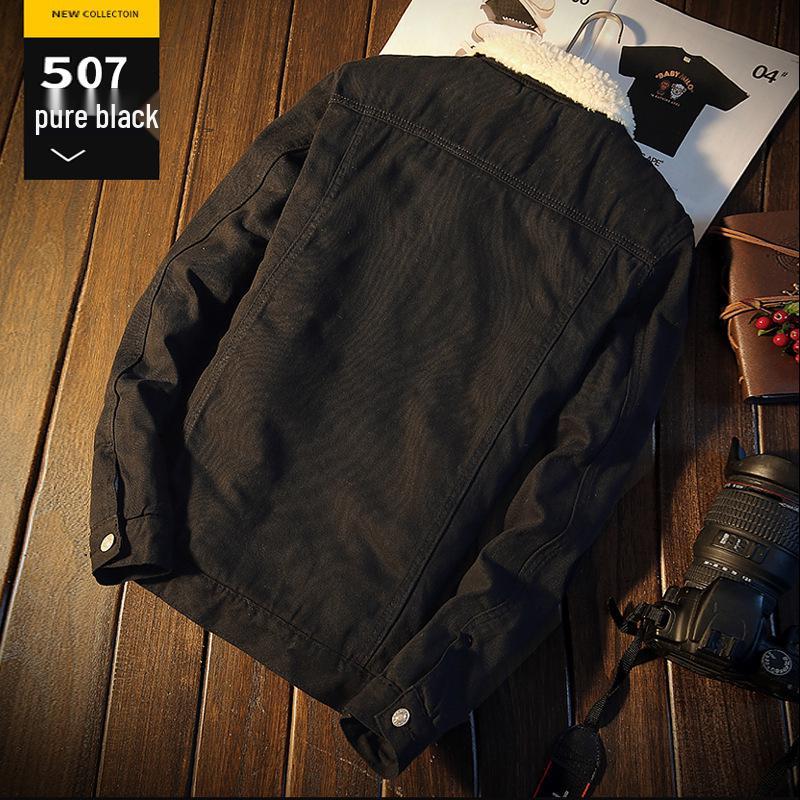 Veste de baseball en denim d'hiver pour homme, style coréen, avec laine d'agneau