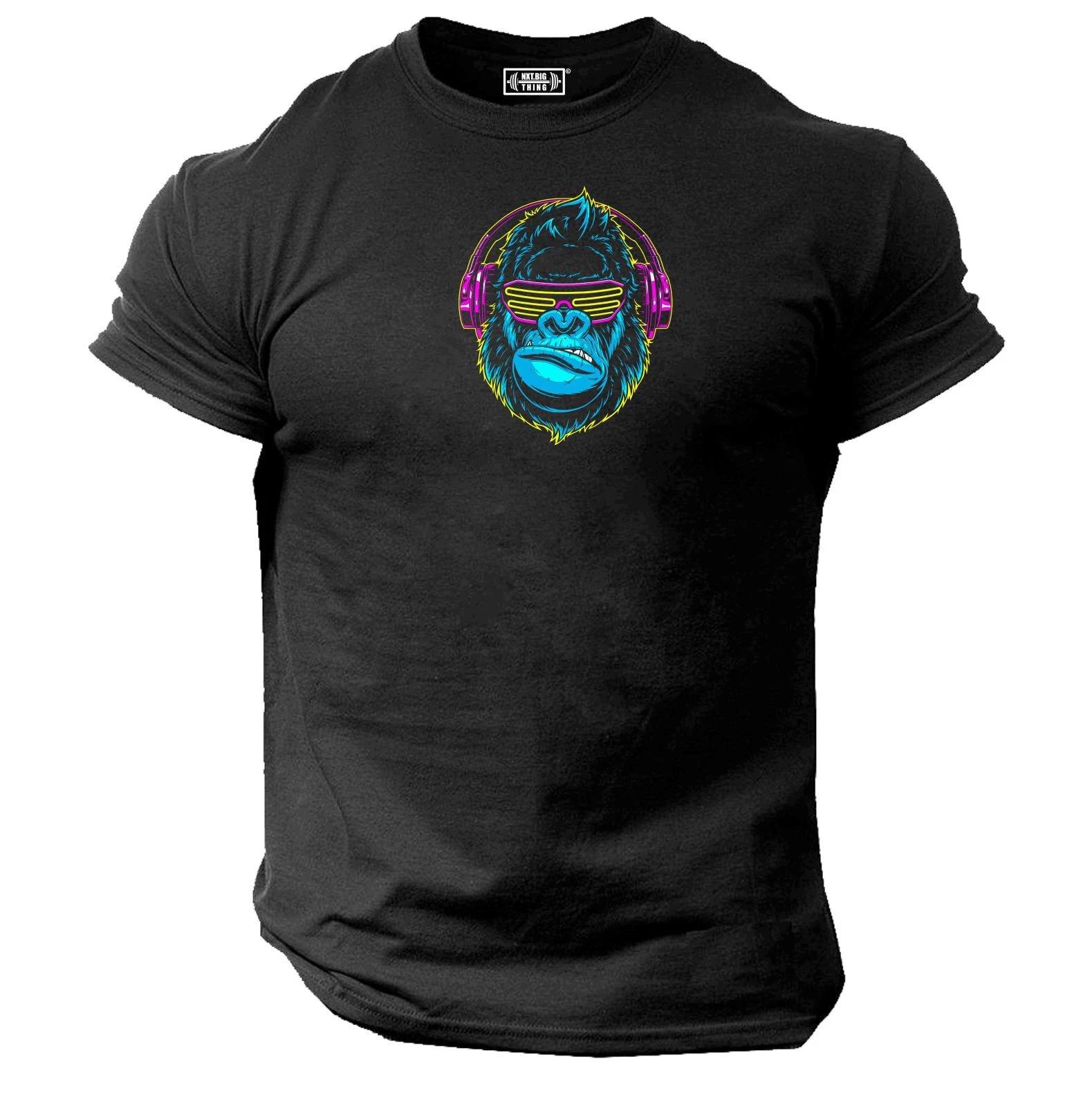 Gorilla Headphones T Shirt Gym Clothing Bodybuilding Training Workout Boxing Top S