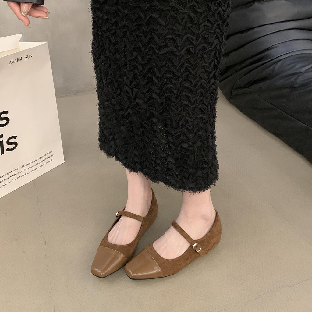 Inner Height Increase Leopard Print Single Shoes Autumn New Square Head One-word Buckle Suede Splicing Mary Jane Women's Shoes Doudou Shoes