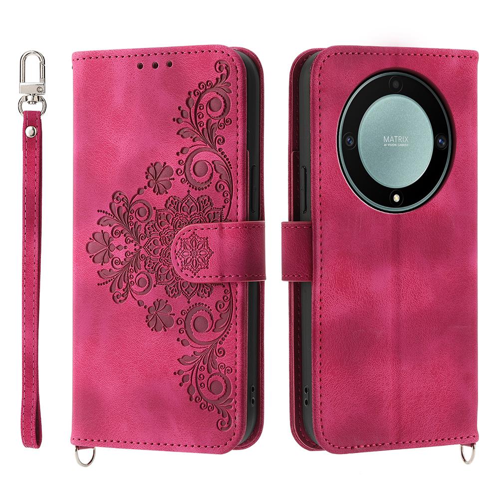 Phone Case For Honor Magic8 Lite 5G / X70 5G / X9d 5G Flower Pattern PU Leather Wallet Cover with Strap