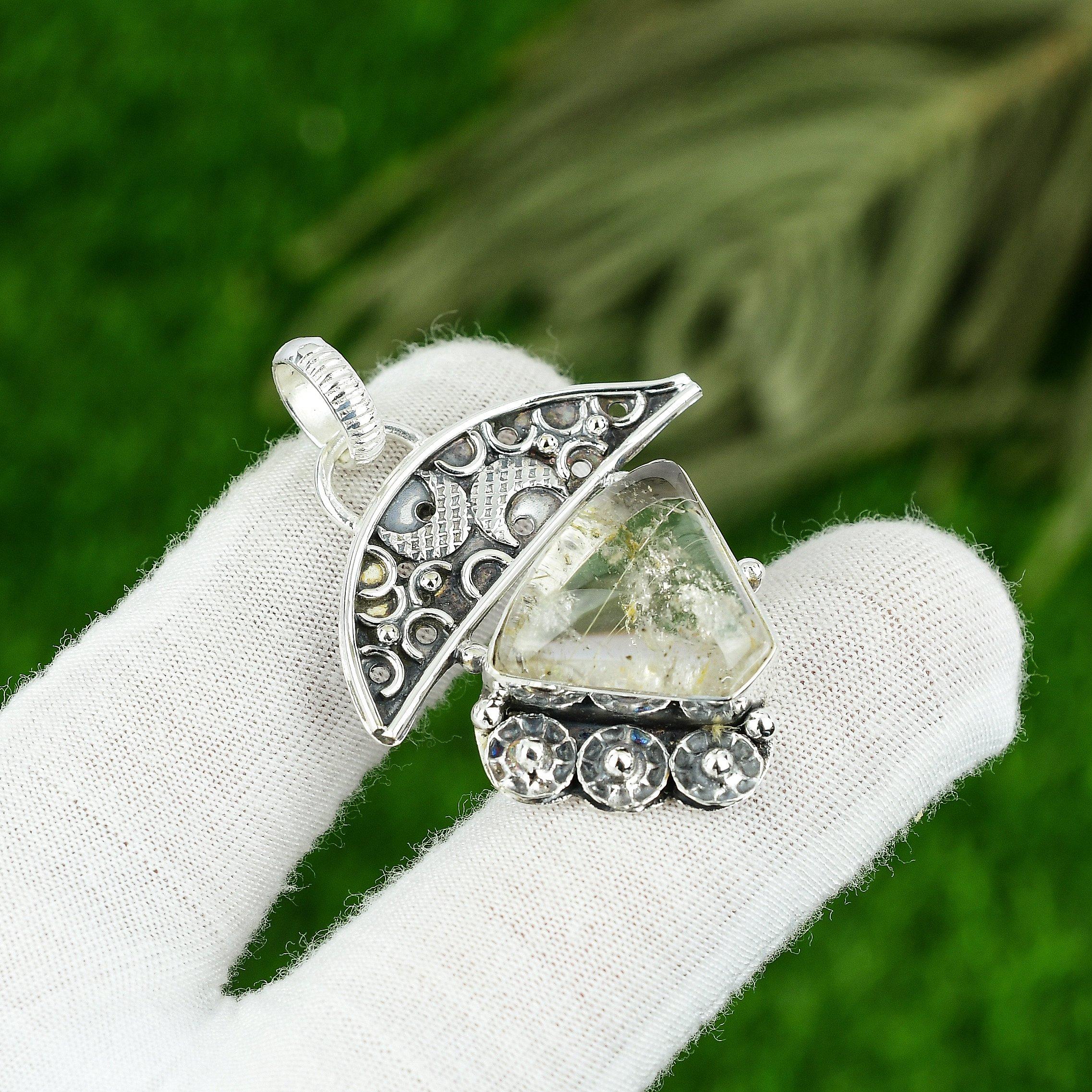 

925 Silver Trillion Golden Rutile Stone Handmade Bezel Unique Trendy New Pendant