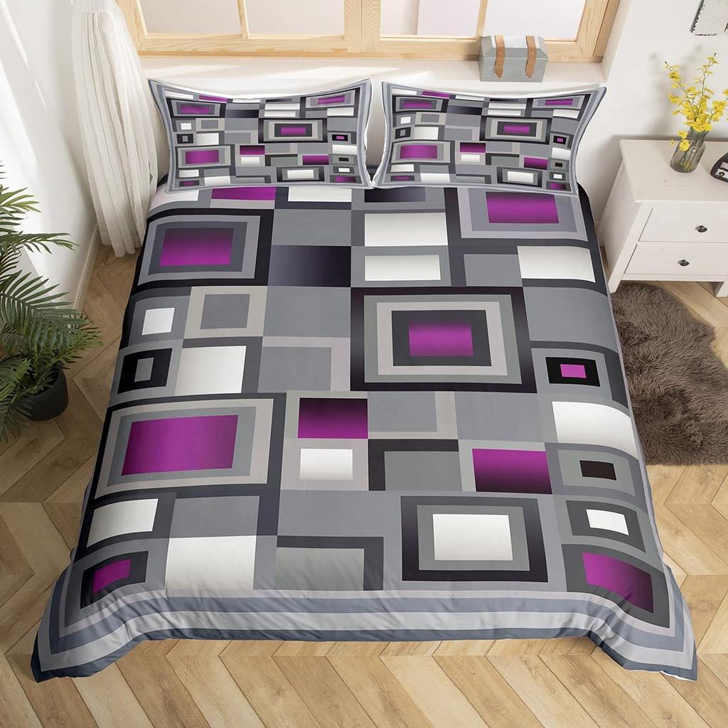 Grid Square Three-Piece Quilt Cover 3D Digital Printing Bedding Set Bed Cover