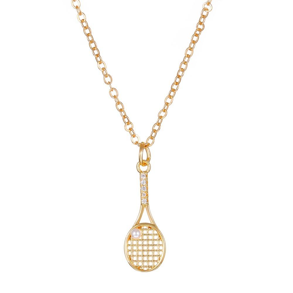

Zircon Pearl Tennis Ball Pendant Alloy Racquet Clavicle Chain Collar Jewelry 01