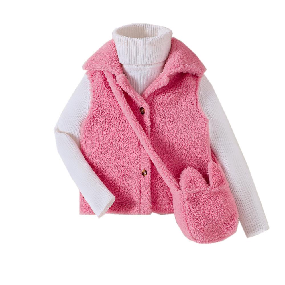 Odzież Dziecięca Dziecięca Dziewczęca Jesień i Zima Nowa Jednorzędowa Klapowana Pluszowa Kamizelka na Saszetkę