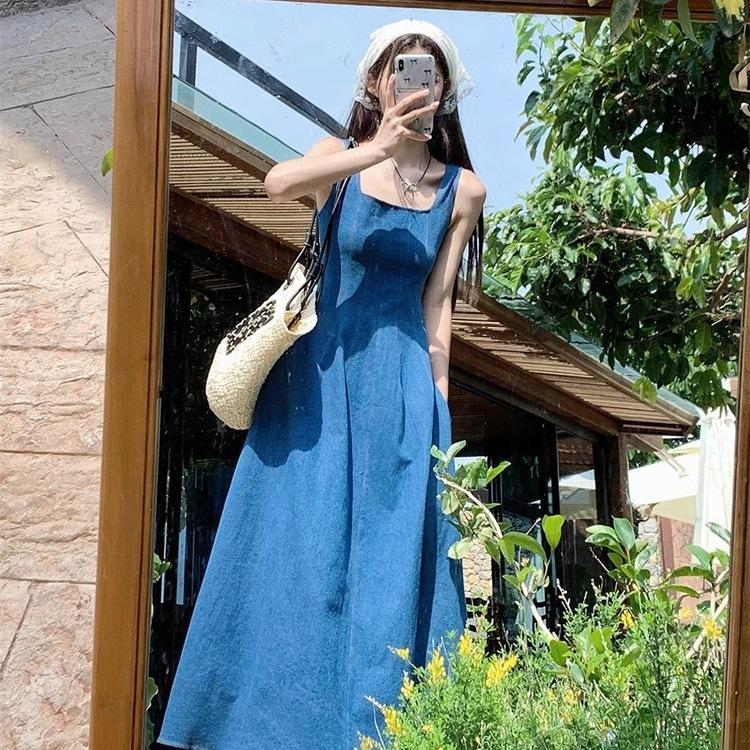 Blue Mist Love French Denim Dress Women's Summer Niche Design Sense Waist Temperament Suspender Long Dress