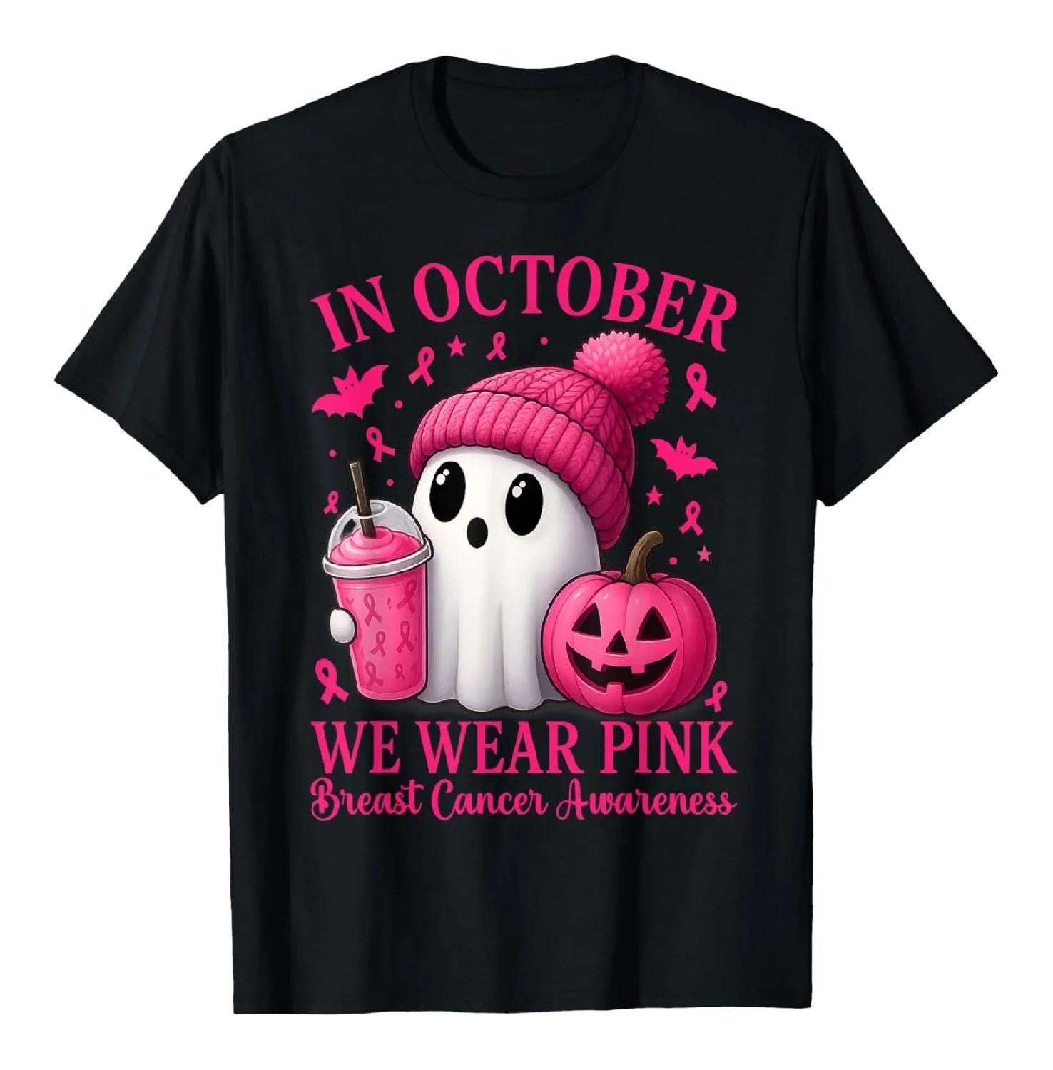 

Breast Cancer Awareness Ghost Pumpkin Drink Halloween Graphic T-Shirt Soft Cotton Tee S