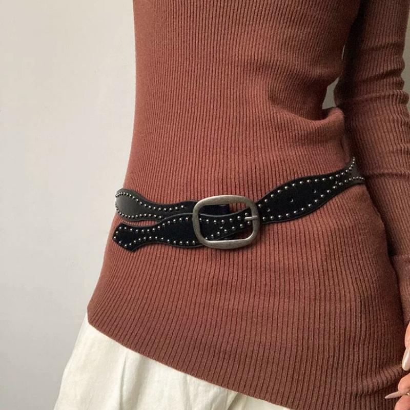 Women's Vintage Rivet Belt New Fashion Wide Waist Cummerbund Niche Design Leather Belt for Jeans Dresses Punk