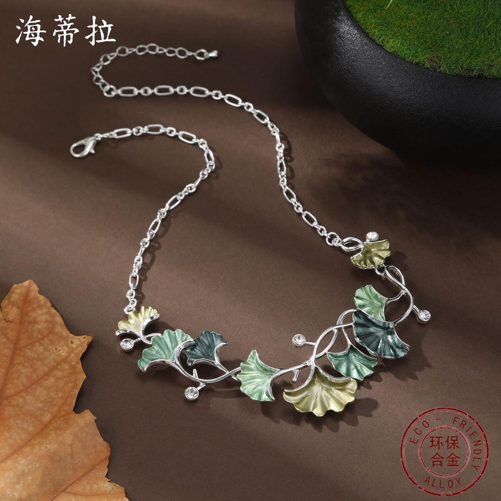 New Enamel Color Geometric Ginkgo Biloba Necklace Women's High Sense Irregular Ginkgo Biloba Necklace