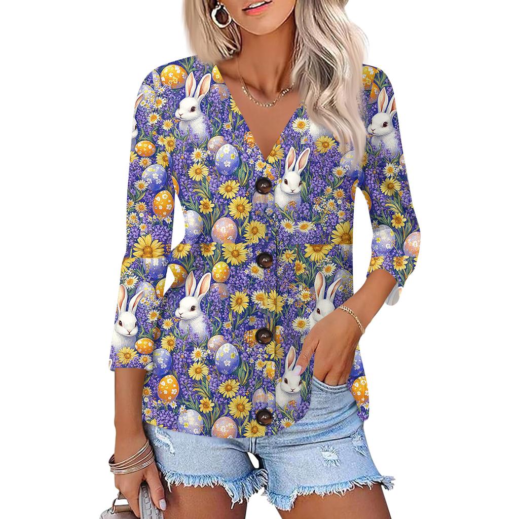 Women's Fashion Casual Print Button-down Shirt 3/4  Sleeve Tops