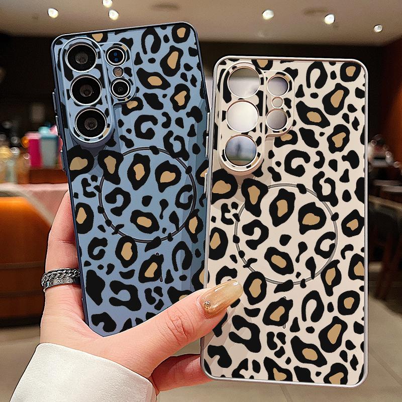 Magnetic For Magsafe Case For Samsung Galaxy S26 Ultra S25 Edge S24 Plus S23 FE S22 A54 A55 A56 5G Yellow Leopard Print Matte Cover