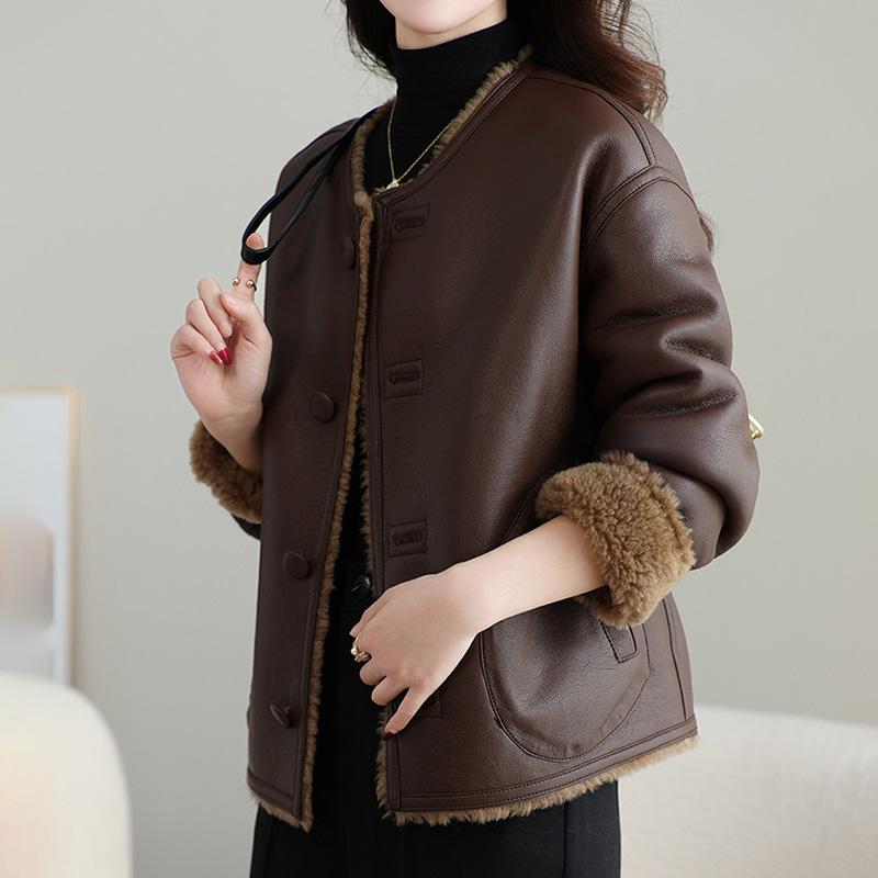 Coat for Women Autumn Winter PU Leather Thickened Faux Shearling Casual Oversize Double Layer Windbreaker Jacket