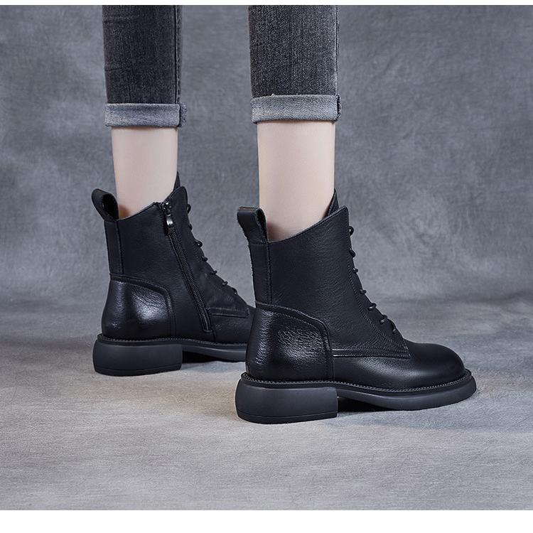 Johnature Genuine Leather Shoes Women Boots Zip Round Toe Flat With Handmade Retro Lace-up Sewing Casual Platform Boots