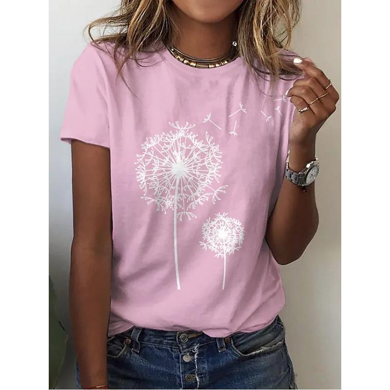 Sommer Rundhals 3D Löwenzahn Print Top Modische Lässige Kurzarm Damen T-Shirts