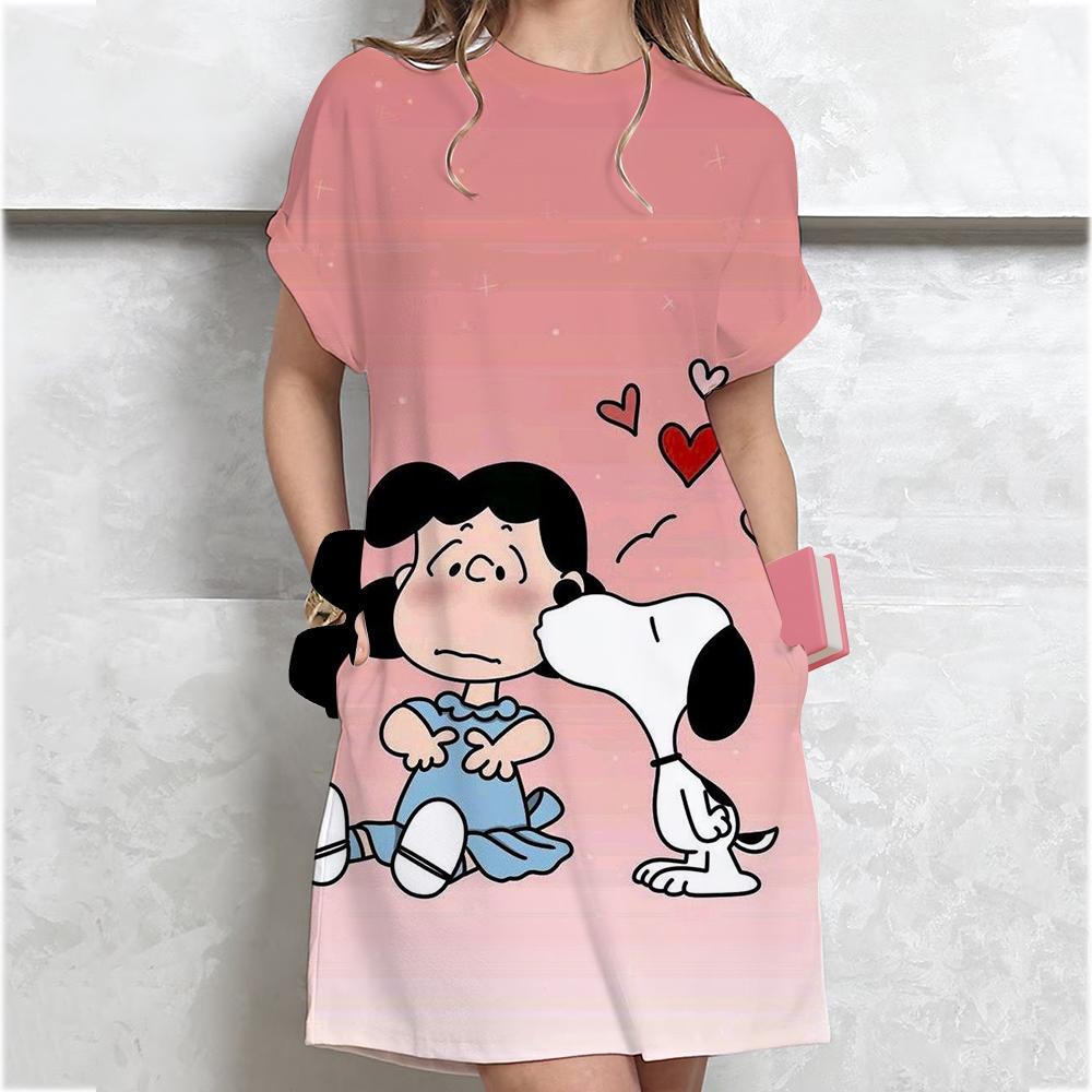 

Жіноча вільна літня сукня з коротким рукавом великого розміру з принтом Snoopy, міні-сукня в стилі футболки, літня повсякденна вільна сукня XXL