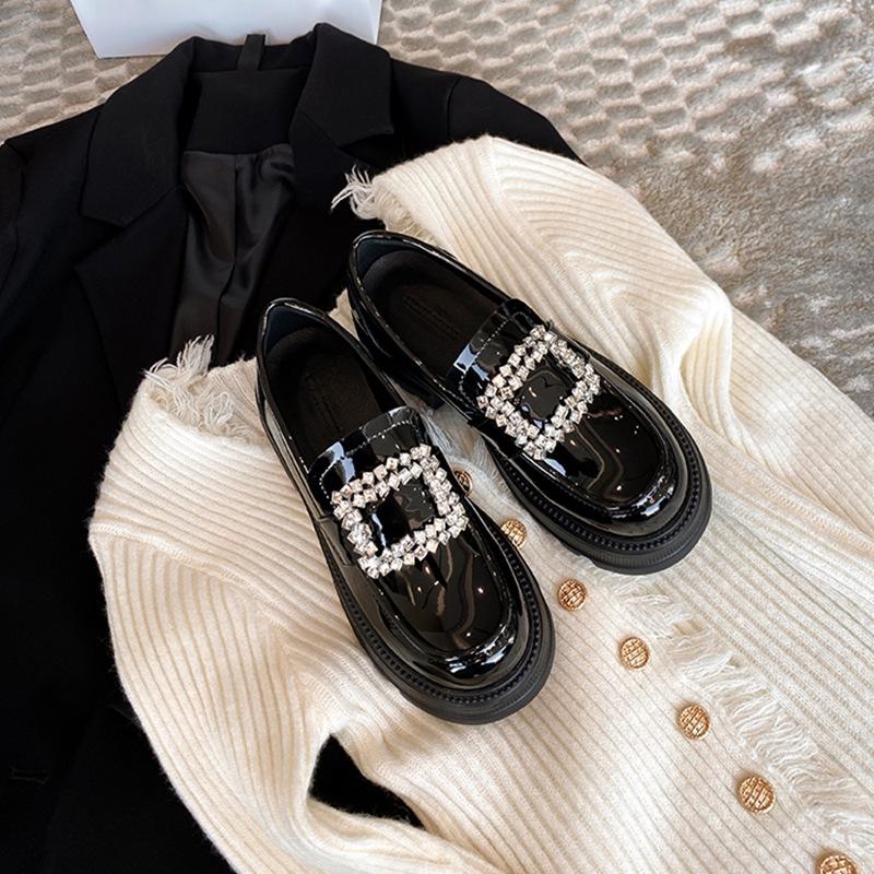 Sheepskin version~ platform loafers women's British style thick heel square buckle rhinestone small leather shoes French retro leather single shoes