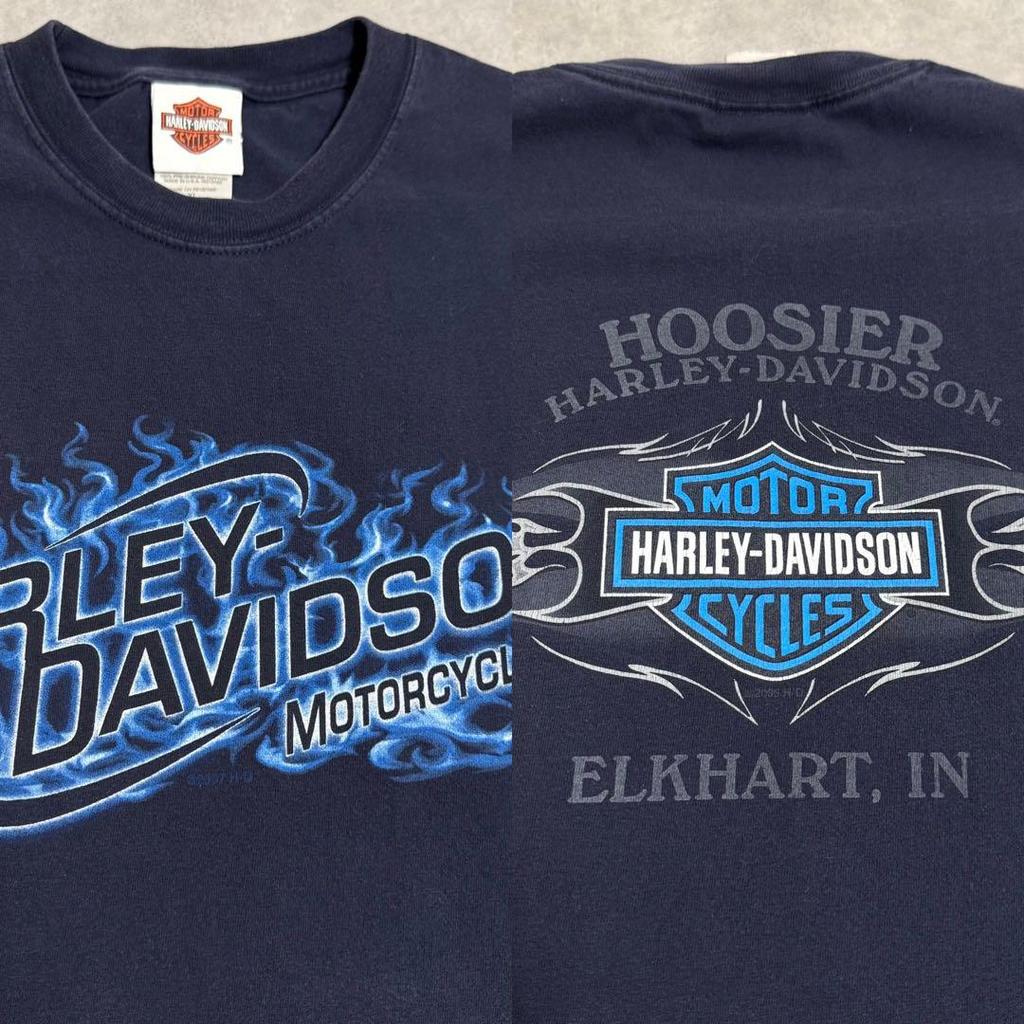 [USED] Made In USA Harley-Davidson Blue Flame Double-Sided T-Shirt