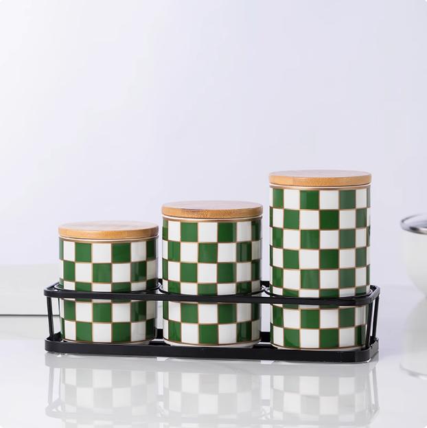 Kitchen Organizer and Storage Container, Ceramic Storage Jar, Wooden Lid, Sealed Jar, Food Storage Containers, Metal Rack