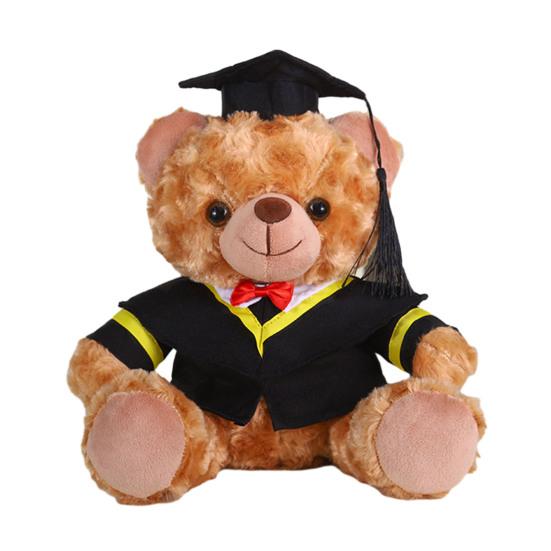 Plyšový medvídek absolvent 2025 s talárem, čepicí a střapcem, roztomilý hnědý absolvent