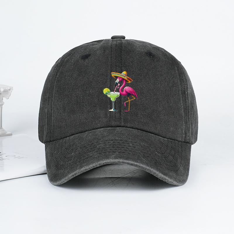 Flamingo Straw Hat Cocktail Print Washed Baseball Cap Playful Tropical Retro Style Beach Getaway, Daily Commute, Holiday Gift