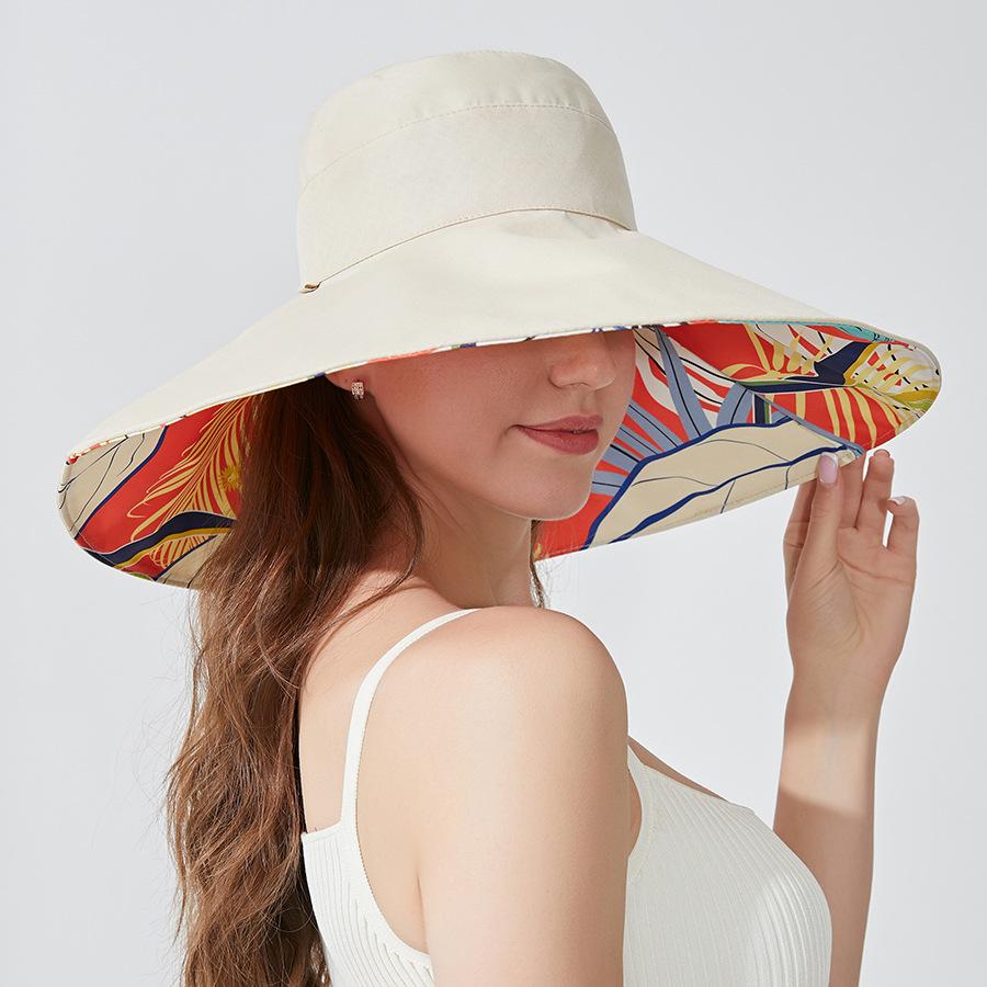 Cappello da Pescatore Estivo a Tesa Larga Double-Face con Stampa Parasole per Donna
