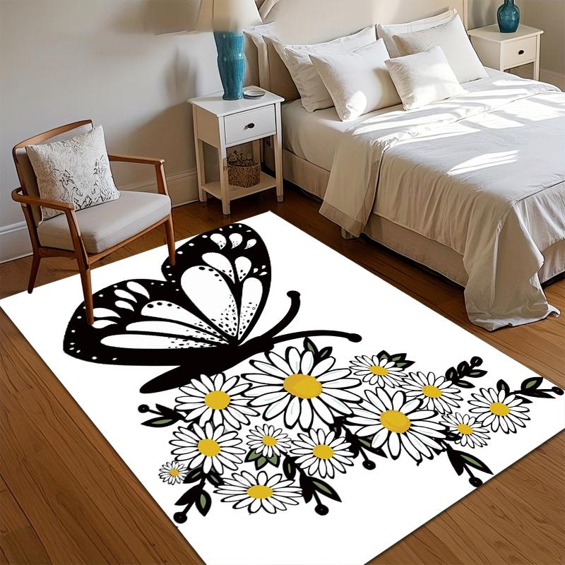 Weicher rutschfester minimalistischer Teppich mit Schmetterlings- und Gänseblümchen-Design, schwarz-weiß floral, für Kinderzimmer, Schlafzimmer, Wohnzimmerdekoration