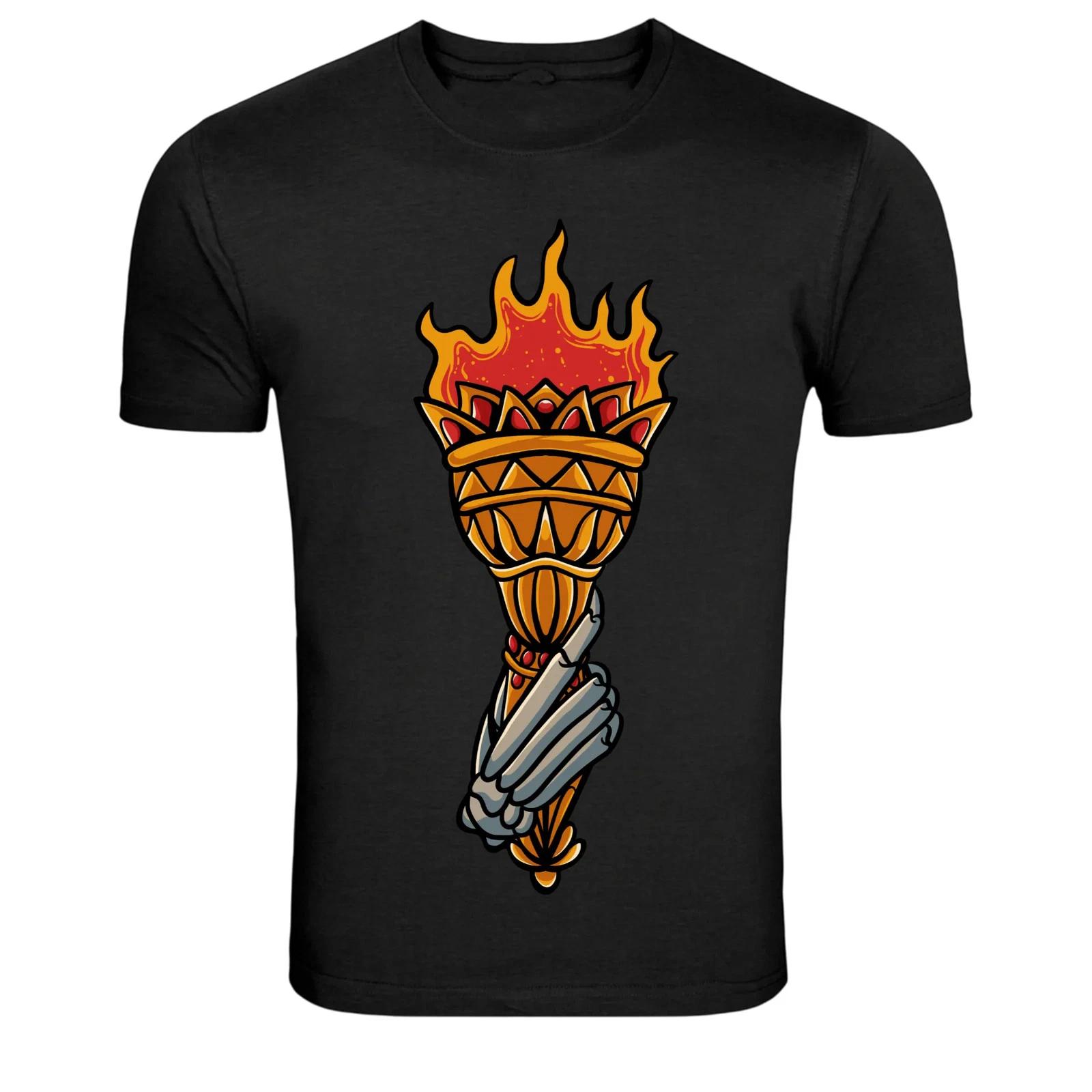 Skeleton Hand Holding Flaming Torch Dark Graphic T-Shirt S