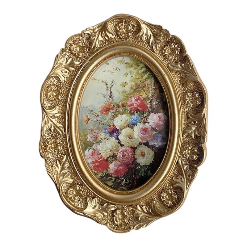Antiker Präge Ovaler Foto Rahmen Harz Florale Relief Porträt Bilderhalter für Tischaufstellung und Wandakzent