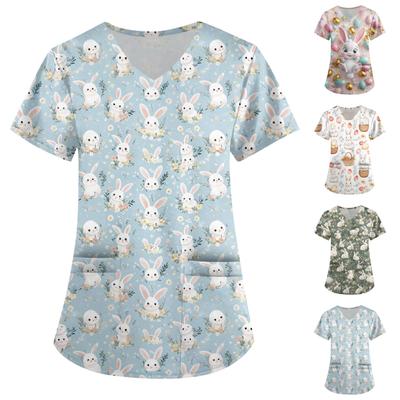 Women's Fashion V-Neck Short Sleeve Overalls With Pockets Easter Print Tops  Clothes