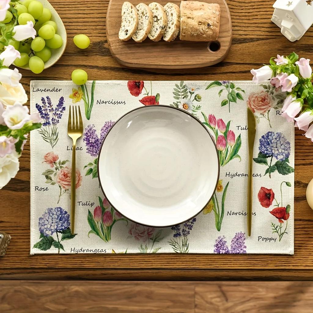 4PC Spring Floral Placemats, Woven Rectangular Table Mats, Machine Washable, Decorative