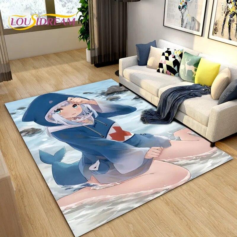 Cute Anime Gawr Gura Hololive Shark Area Rug,Carpet Rug for Living Room Bedroom Sofa Doormat Decoration, Kids Non-slip Floor Mat