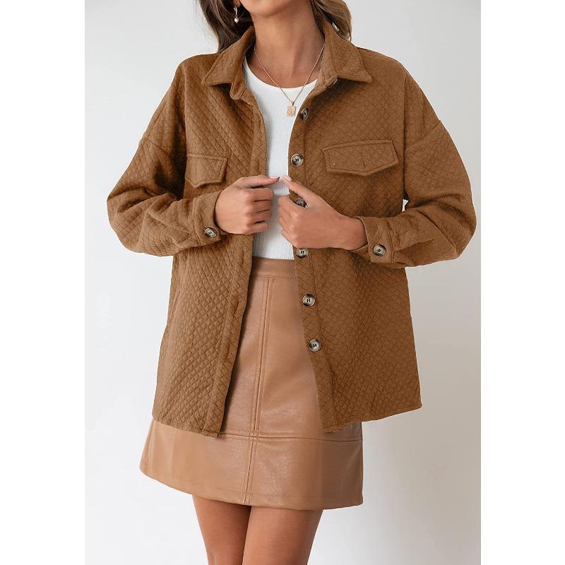 Womens Solid Color Diamond Pocket Casual Buttoned Collared Jacket