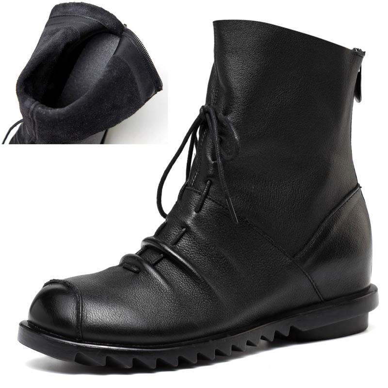 Johnature Genuine Leather Soft Soled Short Boots Versatile Black Lace Up Back Zipper Warm Women's Boots