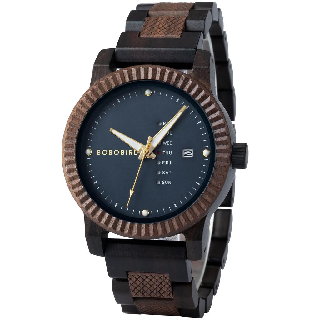 BOBO BIRD Men's Wooden Watch with Analog Quartz Movement, Day Calendar Display, Lightweight Handmade Wooden Watch (Dark Blue)
