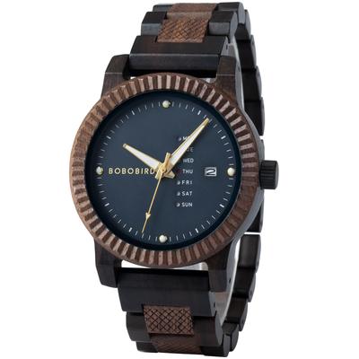 BOBO BIRD Wooden Watch with Analog Quartz Day Calendar Lightweight Handmade Wooden Watch Men's Movement, Display, (Dark Blue)