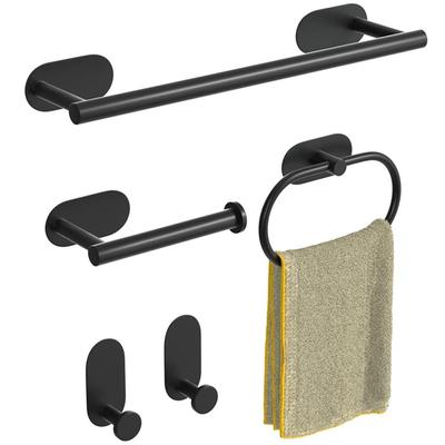 5Pcs Black Stainless Steel Bathroom Adhesive Towel Rack Set Include Towel Bar Towel Ring Toilet Paper Holder Hooks