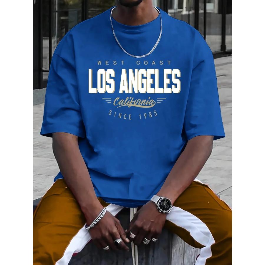 Cotton Summer Men's 100% Cotton Comfortable Casual Loose Plus Size LOS ANGELES Printed Sports Round Neck Oversized Short Sleeved T-shirt Top