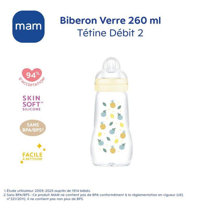 MAM Biberon Verre "Nature" - 260ml - Lin - Tétine Débit 2