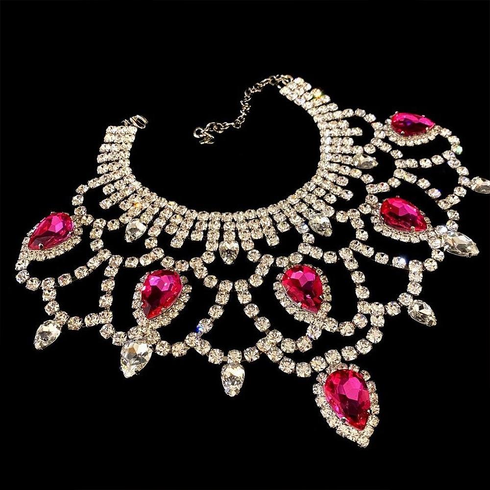 Stonefans Искрящийся Стразами Кулон в Форме Капли Воды Y2k для Женщин Преувеличенное Вечернее Заявление Кристальный Большой Ожерелье Роскошные Украшения Silver розовый