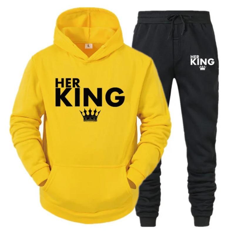 Lover Her QUEEN or His KING Printed Tracksuits Couple Hoodies Outfit Suits Casual Hooded Sweatshirt + Sweatpants Two Piece Set Sport Wear Men’s