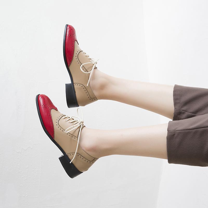 Fashion New Spring 2025 Block Genuine Leather Oxford Low Heel Women Shoes Retro Round Toe Shoes for Women Block Pumps Retro Ladies Shoes