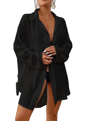 Bsubseach Long Shirt Long Sleeve Beach Casual Rash Solid Black Women's Dress, Blouse, Spring/Summer Swimwear, Figure-Flattering Dress, Dress, Guard,