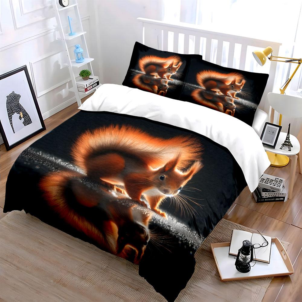 Fluffy Red Squirrel Reflection Printed Duvet Cover Set1 Duvet Cover+2 Pillowcasemulti Size Bedroom Bedding Decor Luxury Gifts