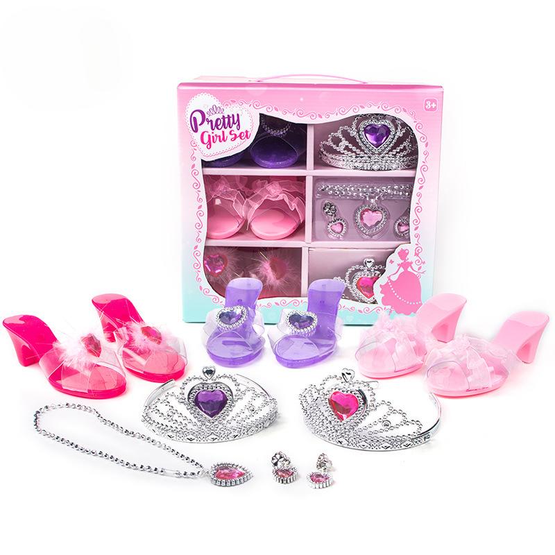 Girls Jewelry Toys Set Crystal Shoes Necklace Crown Earrings Bracelet Play Makeup Dress Up Princess Toys For Kids Role Play