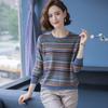 Middle Age Women Striped Knit Sweater Low Round Neck Pullover Casual Blouse